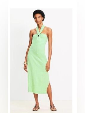 LOFT Knotted Keyhole Midi Halter Dress Large 100% Cotton Green Summer Vacay